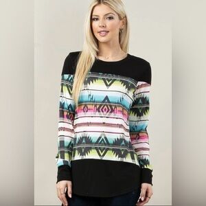 Avery Black Multicolor Geometric Long Sleeve Top